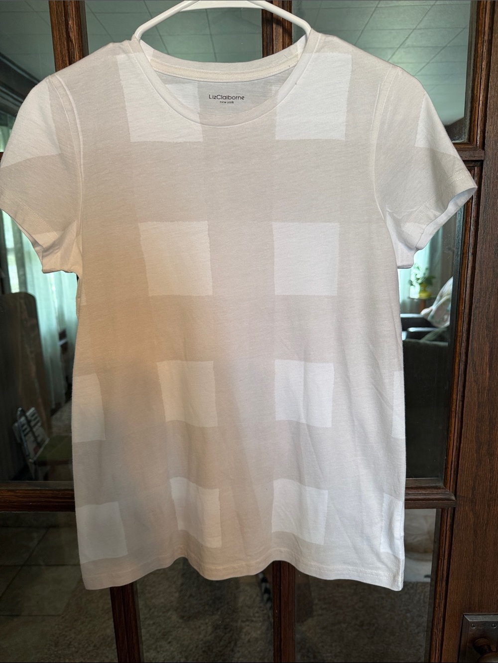 Liz Claiborne New York Womens Beige White Checkered Block Short Sleeve T Shirt S